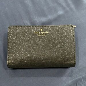 kate spade glitter zip-around wallet - black with gold logo